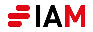 IAM logo with bold black and red lettering featuring abstract geometric elements.