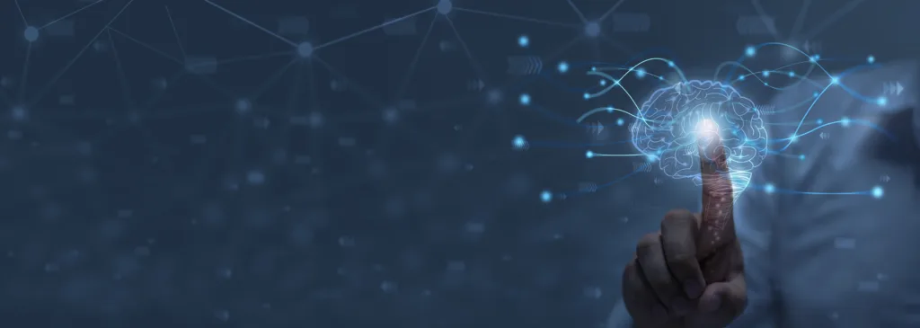 Finger touching digital brain hologram, depicting AI technology and innovation.
